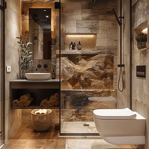A small bathroom with earthy natural stone walls a floating vanity and a modern toilet creating an organic and rustic yet contemporary atmosphere Castle Bathroom Tile Centre A small bathroom with earthy natural stone walls a floating vanity and a modern toilet creating an organic and rustic yet contemporary atmosphere
