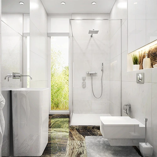 Modern small bathroom with bright natural light recessed ceiling lights and soft ambient lighting that enhances the clean white design Castle Bathroom Tile Centre Modern small bathroom with bright natural light recessed ceiling lights and soft ambient lighting that enhances the clean white design